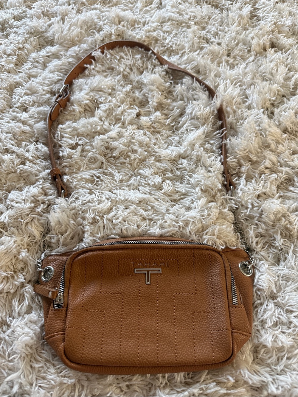 Tahari Tan Pebbled Leather Crossbody with Silver-T Logo